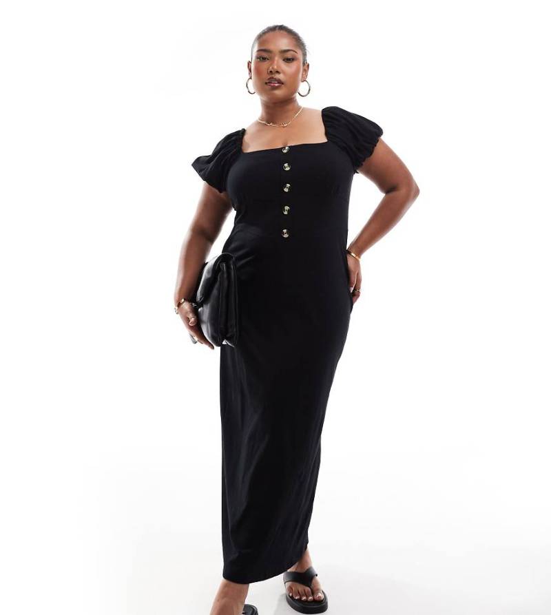 ASOS DESIGN Curve - Midikleid in Schwarz mit eckigem Ausschnitt, Knopfleiste und Puffärmeln von ASOS Curve