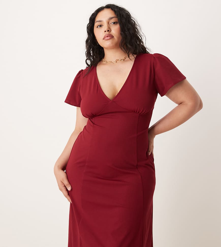 ASOS DESIGN Curve - Midikleid in Weinrot mit Rückenausschnitt und Flatterärmeln von ASOS Curve