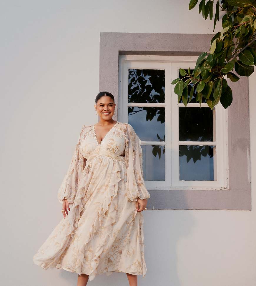 ASOS DESIGN Curve - Midikleid mit zartem Blumenmuster, Spitzeneinsatz und Rüschen-Bunt von ASOS Curve