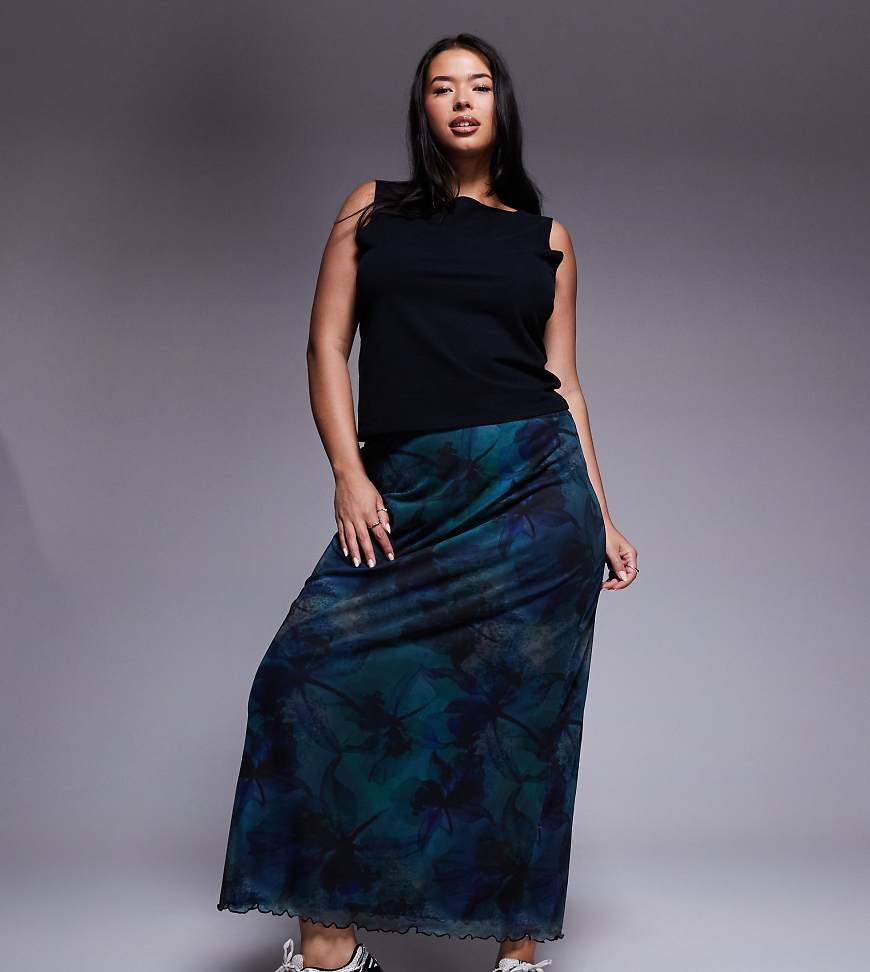 ASOS DESIGN Curve - Midirock aus Mesh in Blau mit Blumenmuster-Bunt von ASOS Curve
