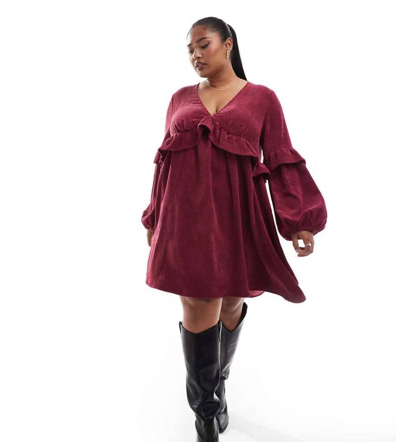 ASOS DESIGN Curve - Mini-Hängerkleid aus Cord in Weinrot mit Rüschen-Rosa von ASOS Curve