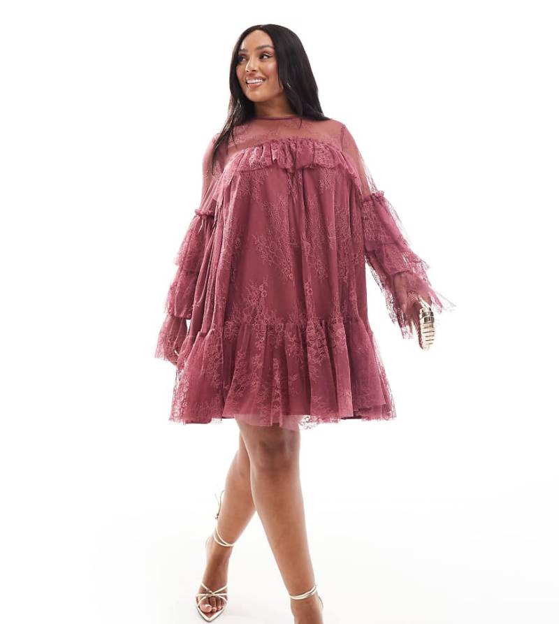 ASOS DESIGN Curve - Mini-Hängerkleid aus Spitze in Beerenrot mit Rüschenärmeln von ASOS Curve