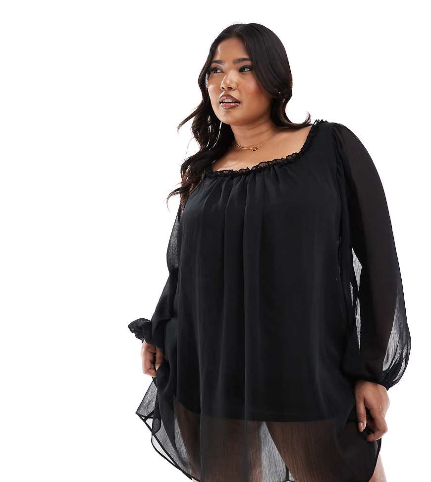 ASOS DESIGN Curve - Mini-Hängerkleid in Schwarz mit gerafftem Ausschnitt von ASOS Curve