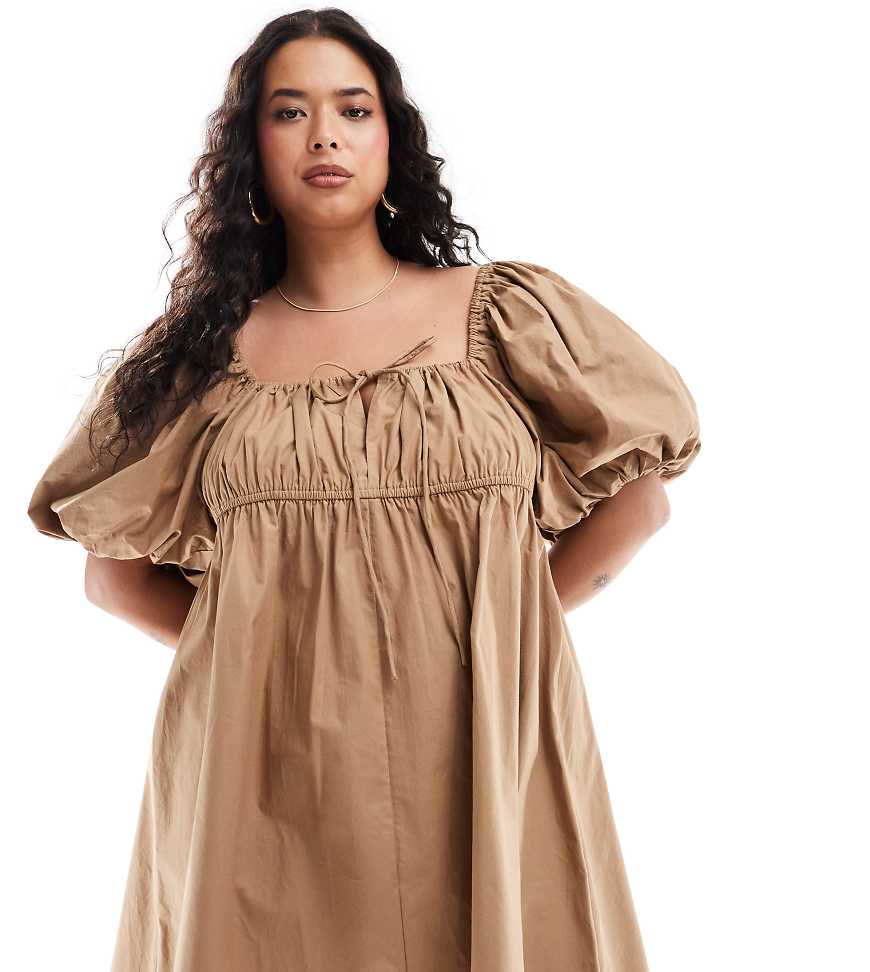 ASOS DESIGN Curve - Mini-Hängerkleid in Tigeraugenbraun mit Puffärmeln-Bunt von ASOS Curve