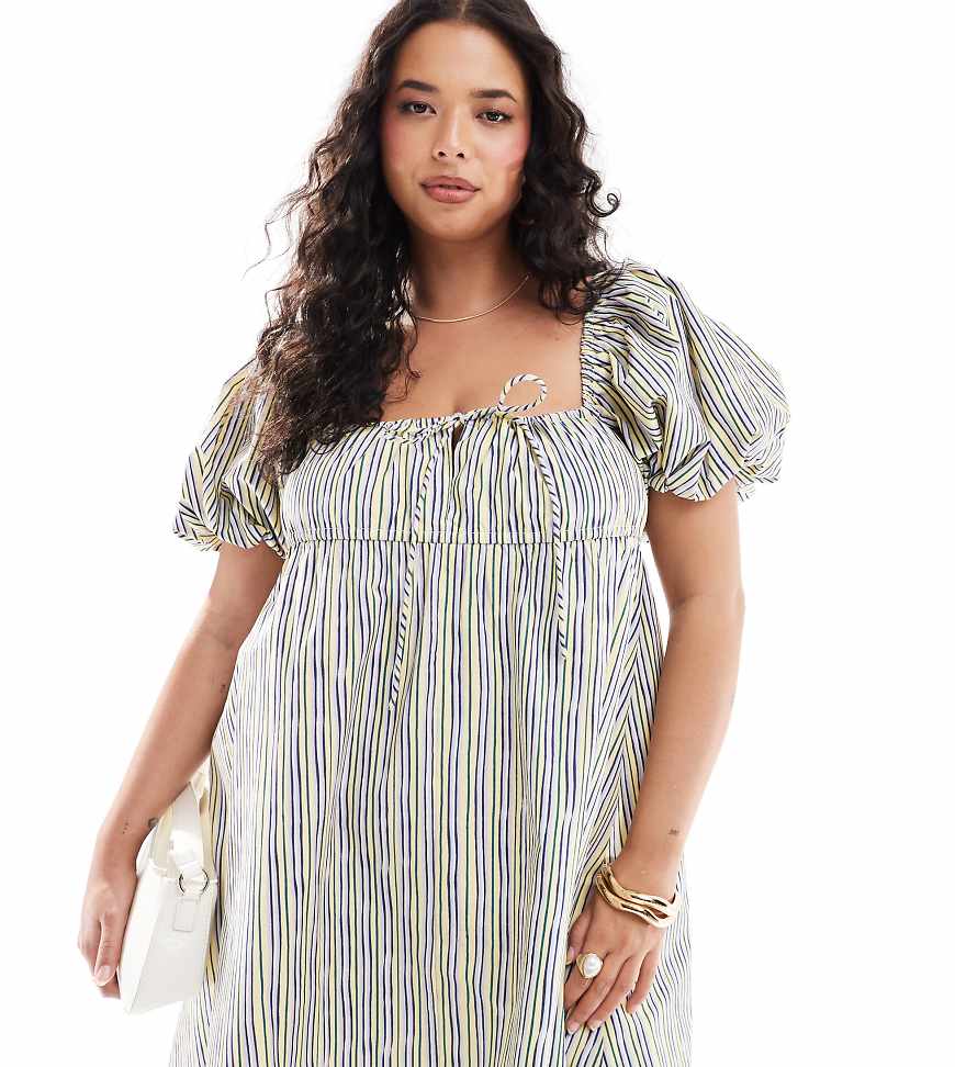 ASOS DESIGN Curve - Mini-Hängerkleid in gestreiftem Gelb mit Puffärmeln-Bunt von ASOS Curve
