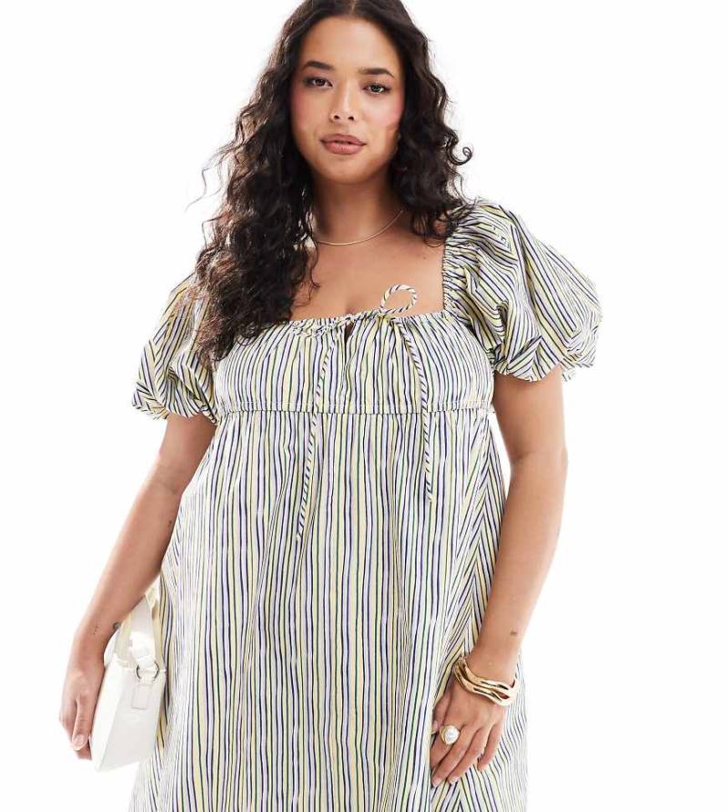 ASOS DESIGN Curve - Mini-Hängerkleid in gestreiftem Gelb mit Puffärmeln-Bunt von ASOS Curve
