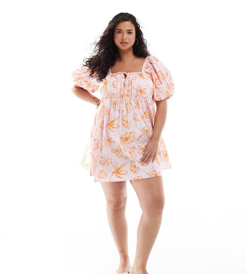 ASOS DESIGN Curve - Mini-Hängerkleid mit Puffärmeln und orangefarbenem Blumenmuster-Bunt von ASOS Curve