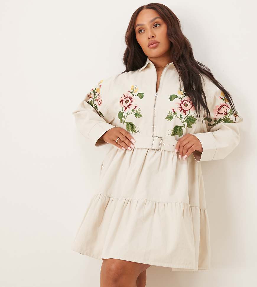 ASOS DESIGN Curve - Mini-Hemdblusenkleid aus Twill in Cremeweiß mit Reißverschluss und Stickerei ASOS DESIGN Curve - Mini-Hemdblusenkleid aus Twill in Cremeweiß mit Reißverschluss und Stickerei von ASOS Curve