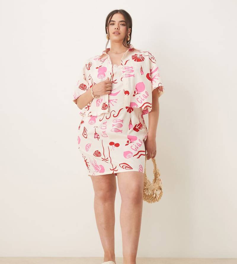 ASOS DESIGN Curve - Mini-Trägerkleid aus Popeline mit interessantem Print, Kombiteil-Bunt von ASOS Curve