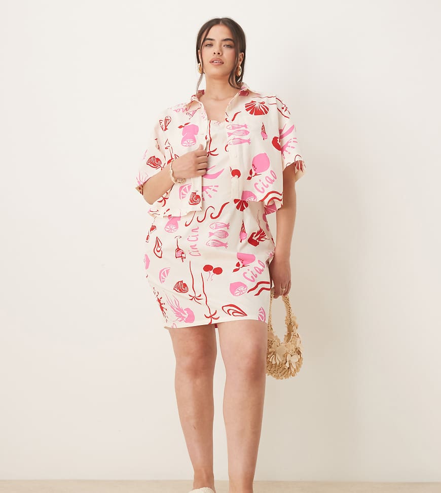 ASOS DESIGN Curve - Mini-Trägerkleid aus Popeline mit interessantem Print, Kombiteil-Bunt von ASOS Curve