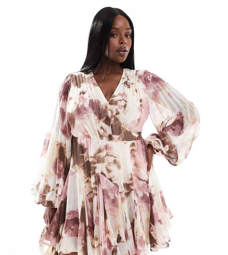 ASOS DESIGN Curve - Mini-Wickelkleid mit Ballonärmeln, Bindedetail an der Taille und rosa Blumenmuster von ASOS Curve