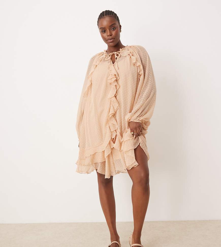 ASOS DESIGN Curve - Minikleid aus Dobby-Chiffon in Pfirsich mit Rüschen und Blousonärmeln-Grün von ASOS Curve