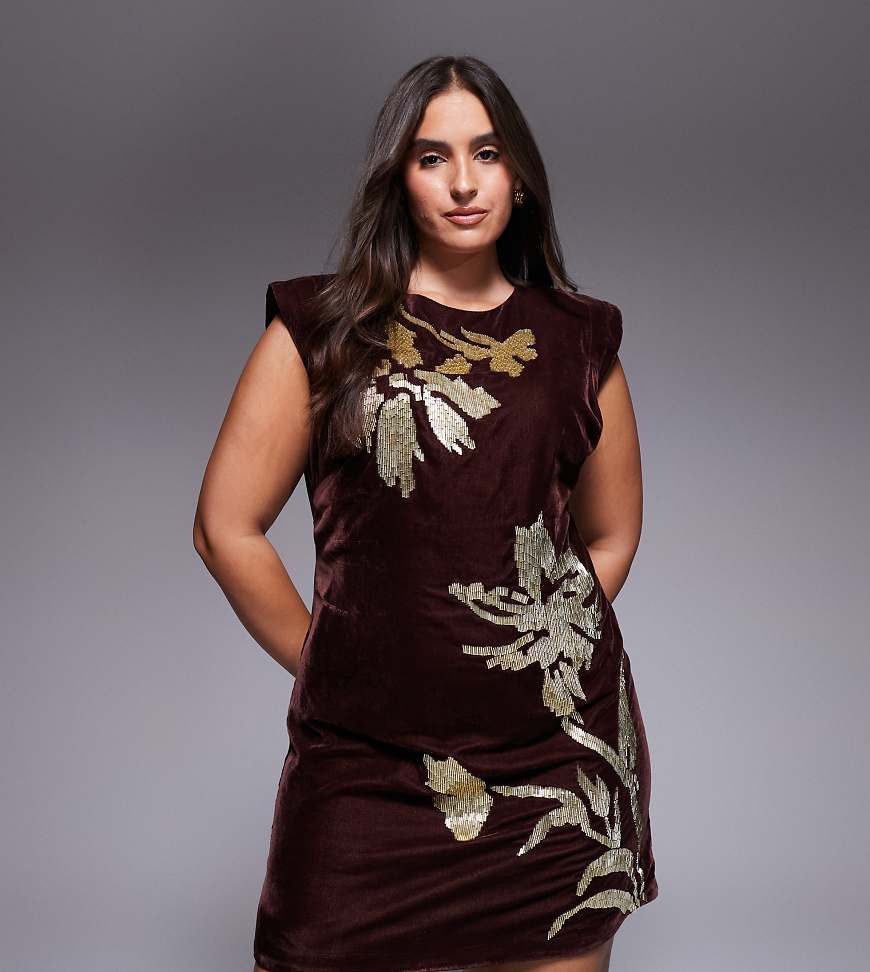 ASOS DESIGN Curve - Minikleid aus Samt in Maulbeerrot mit Schulterpolstern und Blumenverzierung von ASOS Curve