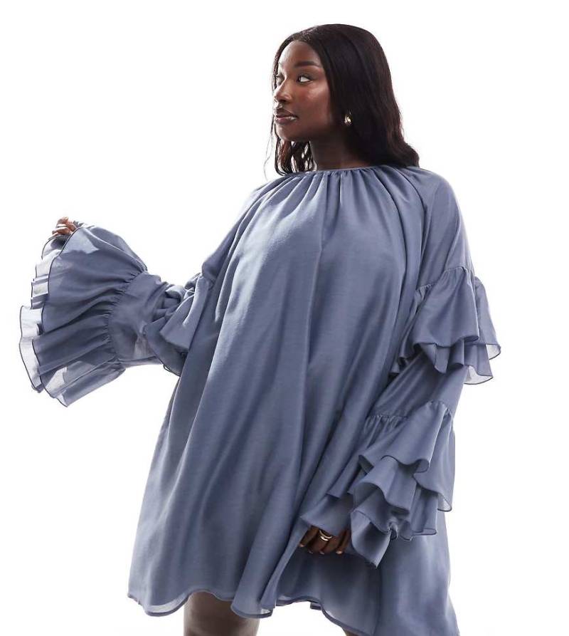 ASOS DESIGN Curve - Minikleid aus Voile in Schieferblau mit Rüschenärmeln von ASOS Curve