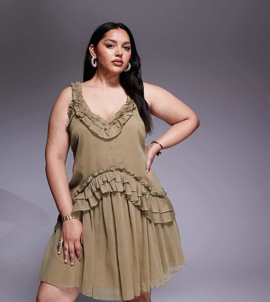 ASOS DESIGN Curve - Minikleid in Khaki mit gerüschtem Riemendetail und goldfarbenem Besatzdetail-Grün ASOS DESIGN Curve - Minikleid in Khaki mit gerüschtem Riemendetail und goldfarbenem Besatzdetail-Grün von ASOS Curve