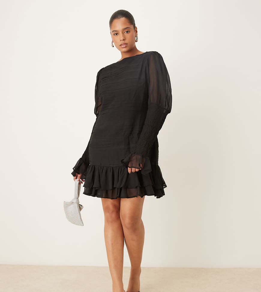 ASOS DESIGN Curve - Minikleid in Schwarz mit U-Boot-Ausschnitt, tief angesetzter Taille und gesmokten Ärmeln von ASOS Curve