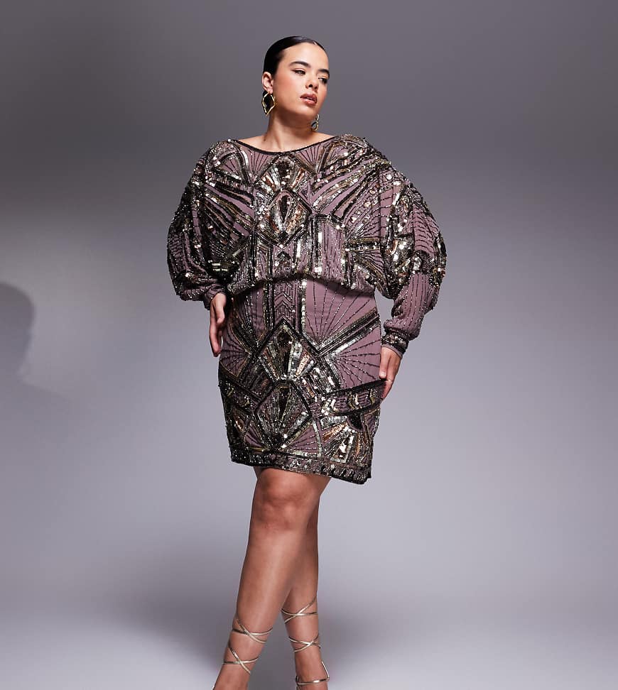 ASOS DESIGN Curve - Minikleid in dunklem Flieder mit linearer Verzierung, Fledermausärmeln und Wasserfallausschnitt am Rücken-Bunt von ASOS Curve