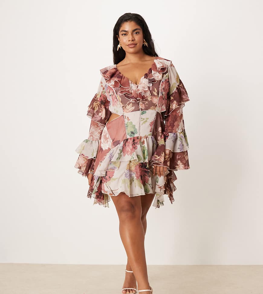 ASOS DESIGN Curve - Minikleid mit Rüschen, Godet, ausgestellten Ärmeln, Cut-out und Blumenmustermix-Bunt von ASOS Curve