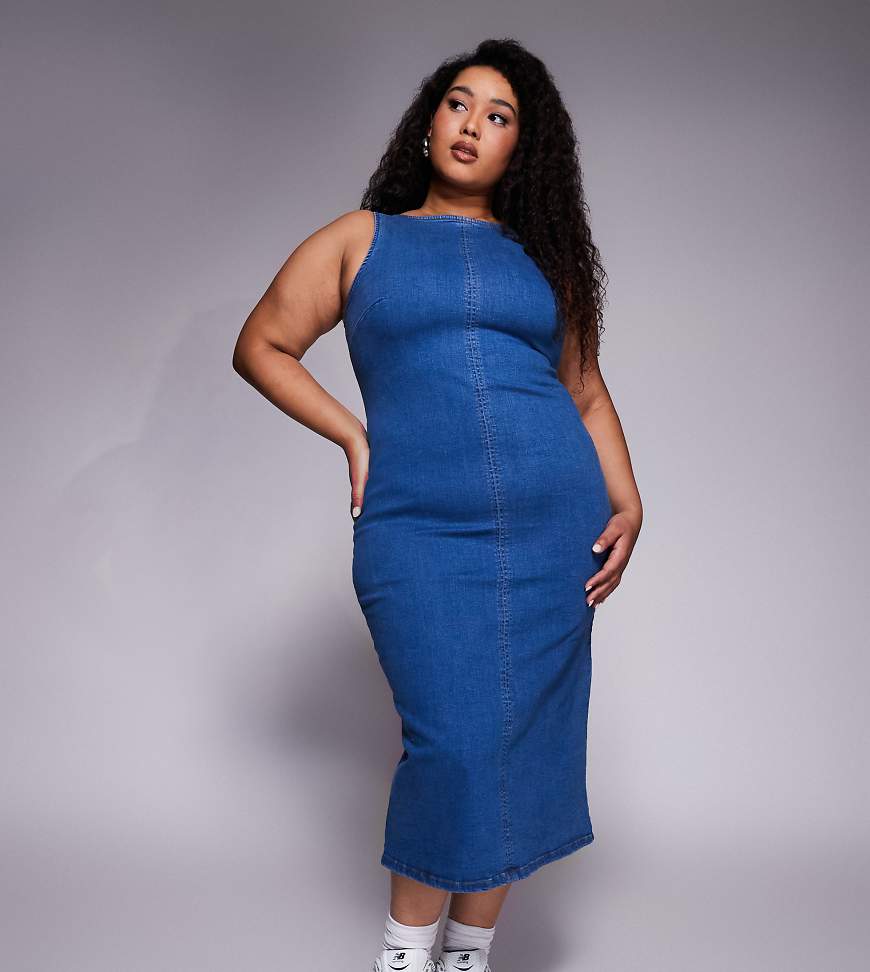 ASOS DESIGN Curve - Minimalistisches Midikleid aus Denim in dunkler Waschung-Blau von ASOS Curve