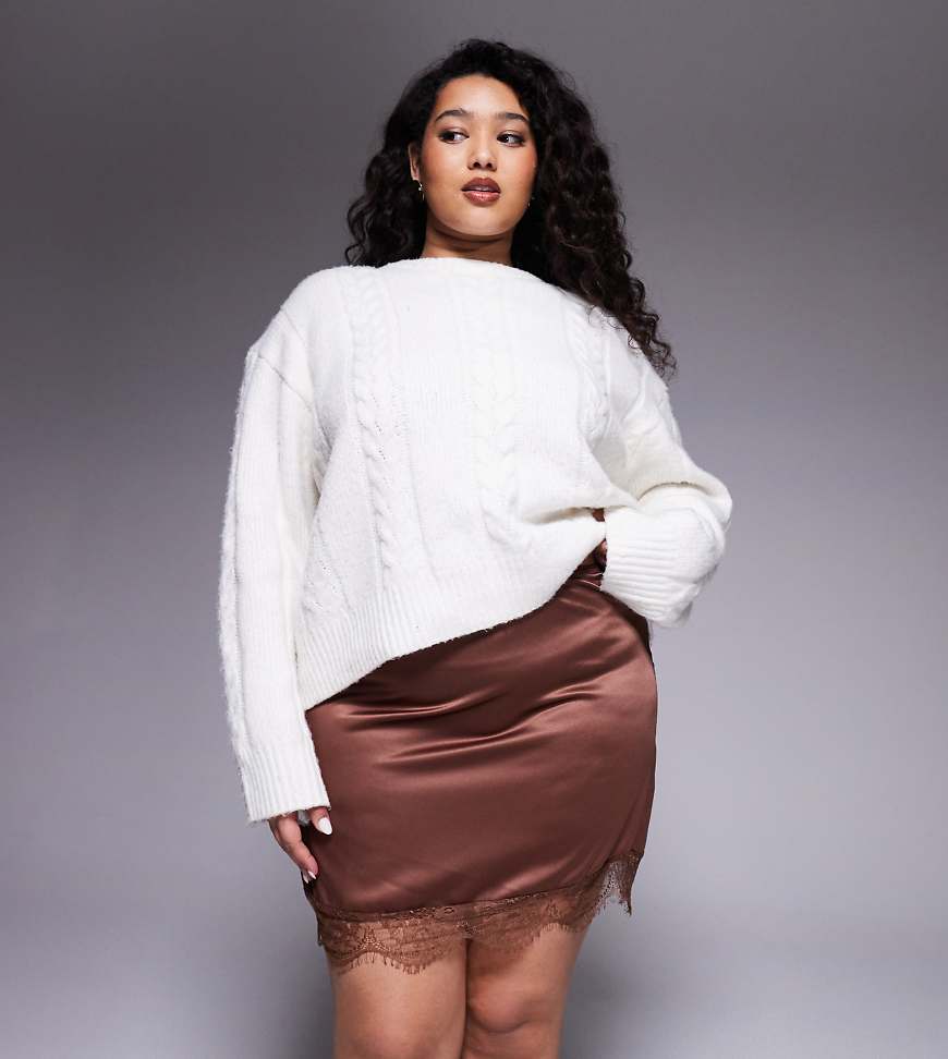 ASOS DESIGN Curve - Minirock aus Satin in Schokobraun mit Spitzenbesatz-Brown von ASOS Curve