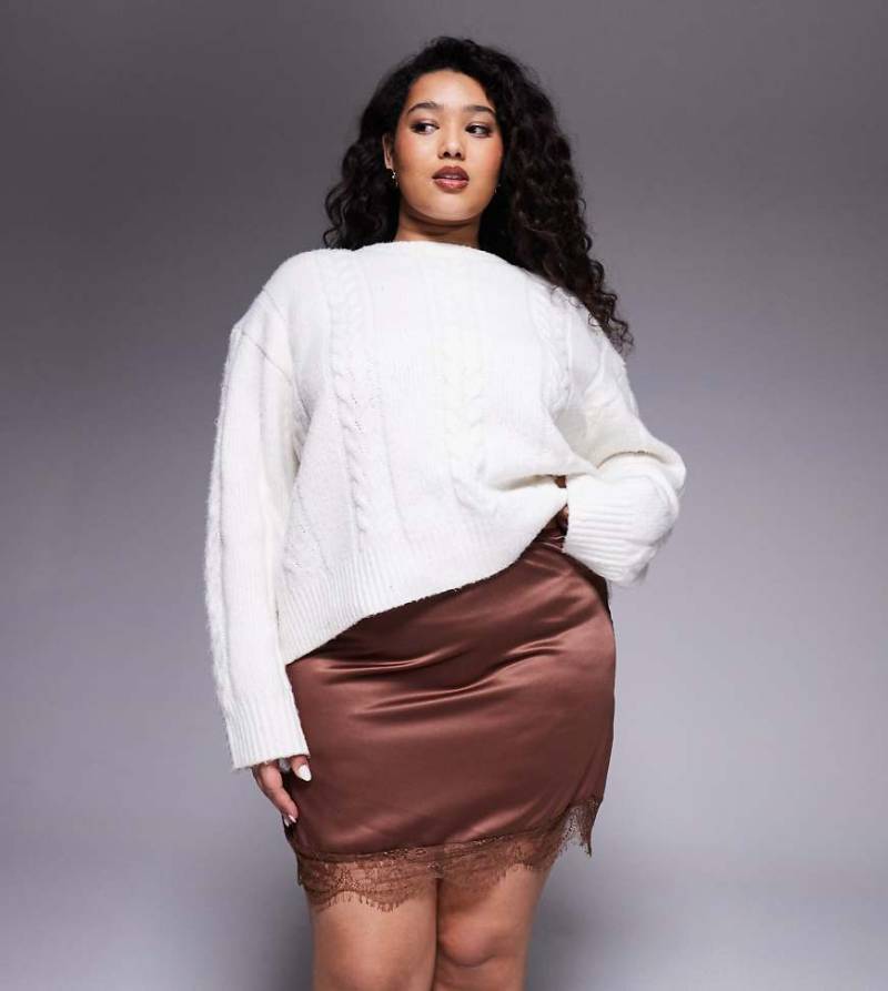 ASOS DESIGN Curve - Minirock aus Satin in Schokobraun mit Spitzenbesatz-Brown von ASOS Curve