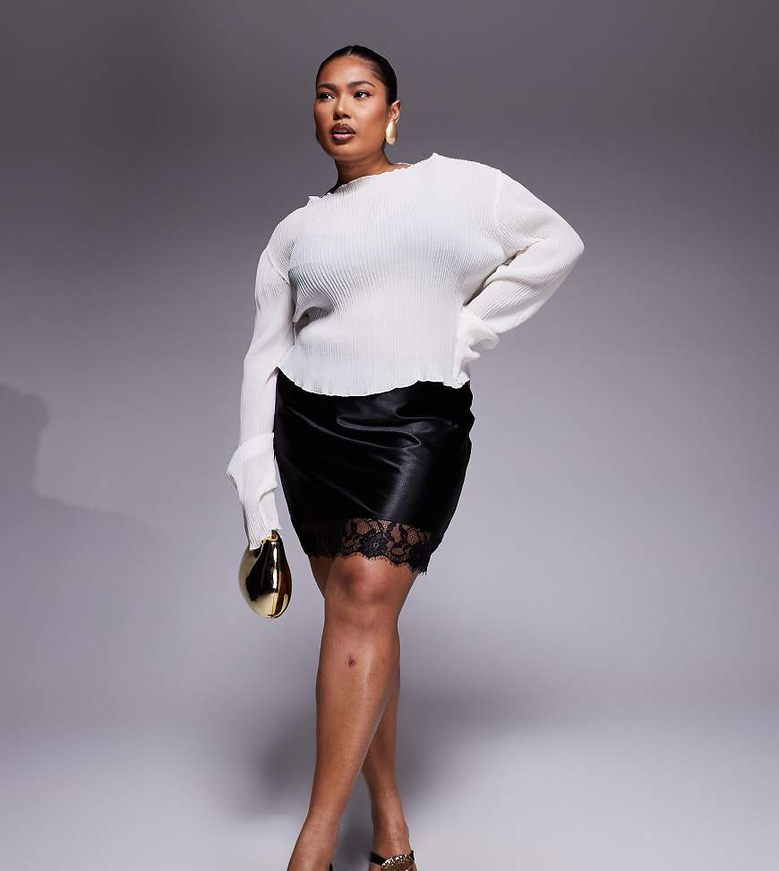 ASOS DESIGN Curve - Minirock aus Satin in Schwarz mit Spitzenborte ASOS DESIGN Curve - Minirock aus Satin in Schwarz mit Spitzenborte von ASOS Curve