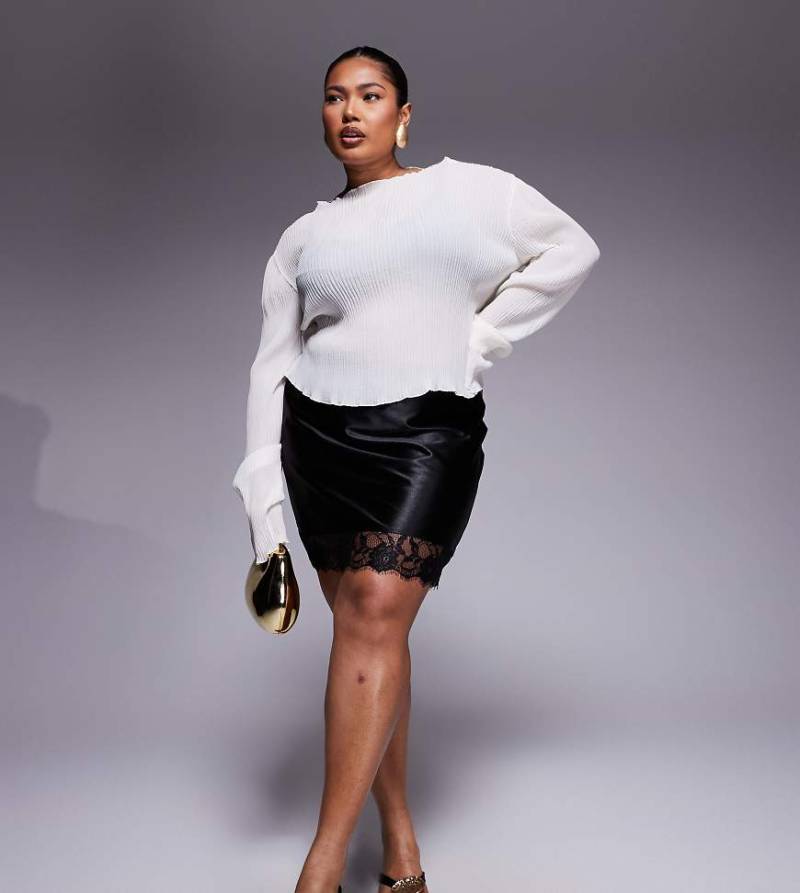 ASOS DESIGN Curve - Minirock aus Satin in Schwarz mit Spitzenborte von ASOS Curve