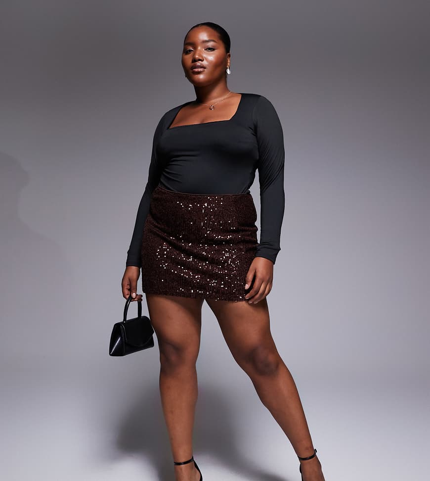 ASOS DESIGN Curve - Minirock in Schokobraun mit durchgehendem Paillettenbesatz-Brown von ASOS Curve