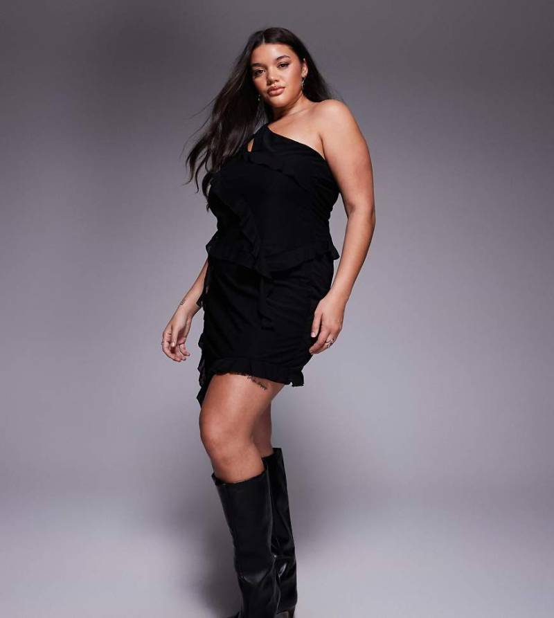 ASOS DESIGN Curve - Minirock in Schwarz mit asymmetrischem Rüschendesign, Kombiteil von ASOS Curve