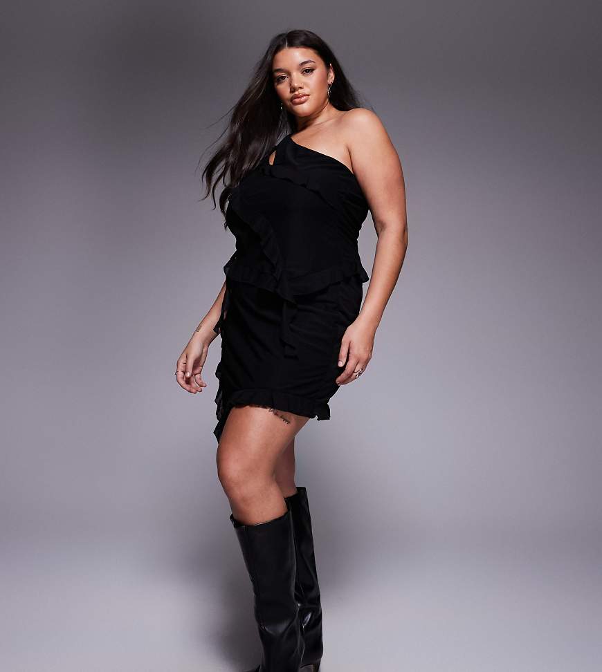 ASOS DESIGN Curve - Minirock in Schwarz mit asymmetrischem Rüschendesign, Kombiteil von ASOS Curve