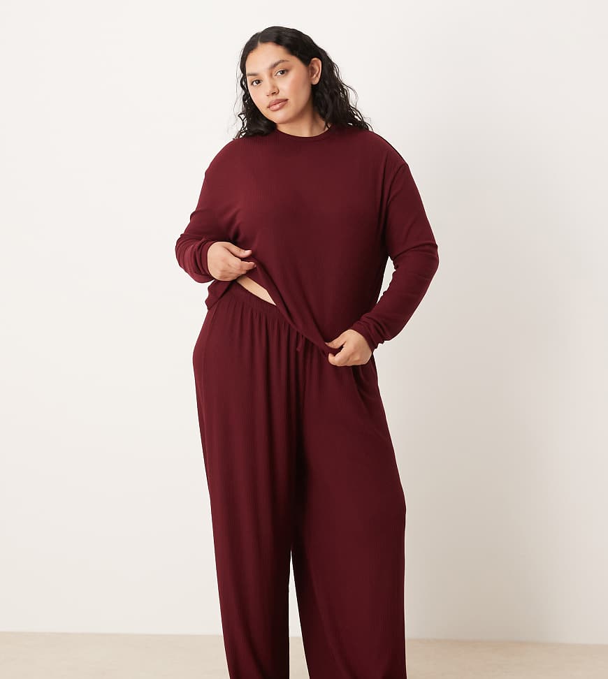 ASOS DESIGN Curve - Mix & Match - Gerippte Lounge-Hose in Burgunderrot mit weitem Bein von ASOS Curve