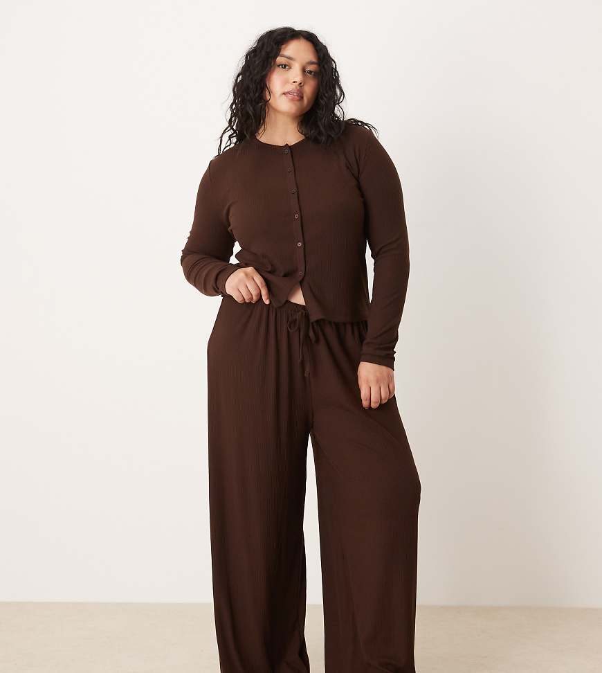 ASOS DESIGN Curve - Mix & Match - Gerippte Lounge-Hose in Schokobraun mit weitem Bein-Brown von ASOS Curve
