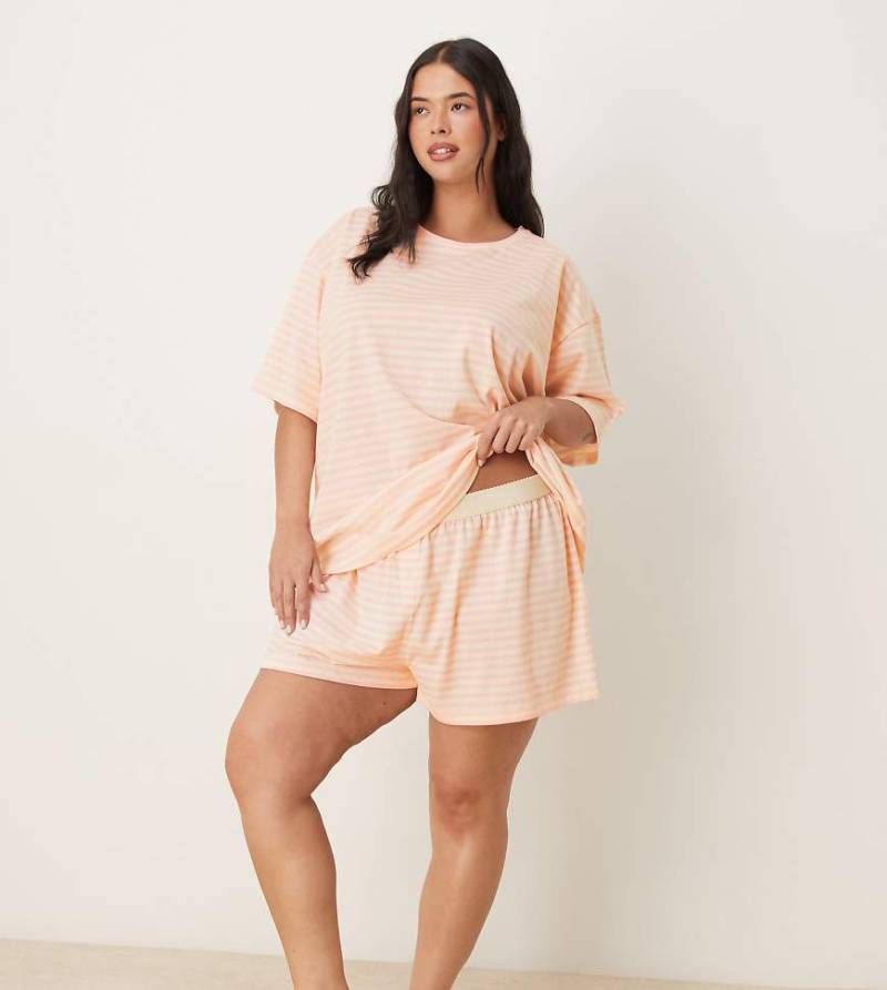 ASOS DESIGN Curve - Mix & Match - Schwingende Pyjama-Shorts in gestreiftem Rosa-Bunt von ASOS Curve