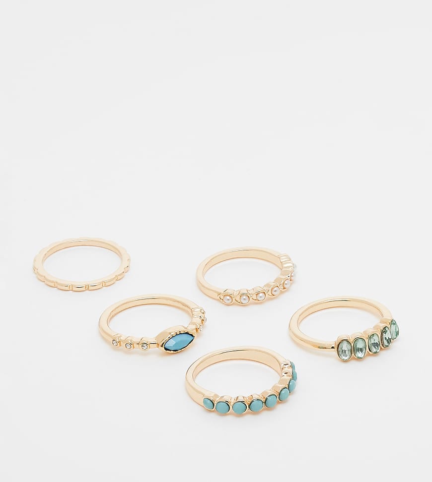 ASOS DESIGN Curve - Multipack goldfarbener Ringe in verschiedenen Designs, mit blauen Schmucksteinen und Zierperlen von ASOS Curve