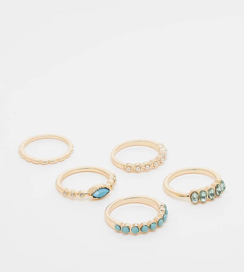 ASOS DESIGN Curve - Multipack goldfarbener Ringe in verschiedenen Designs, mit blauen Schmucksteinen und Zierperlen von ASOS Curve
