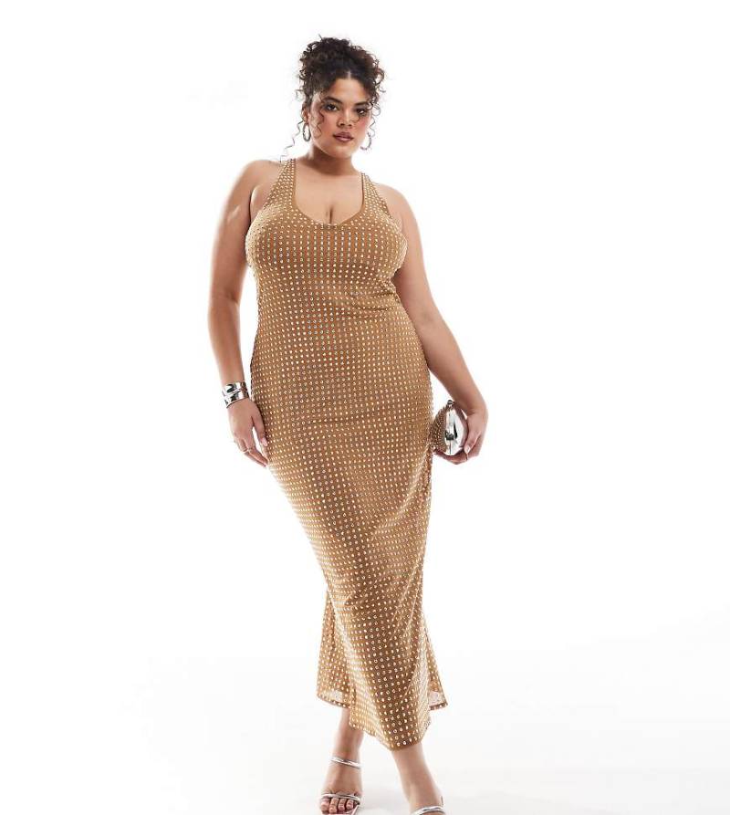 ASOS DESIGN Curve - Neckholder-Midikleid in Hellbraun mit U-Ausschnitt und Laserschnitt-Hotfix von ASOS Curve
