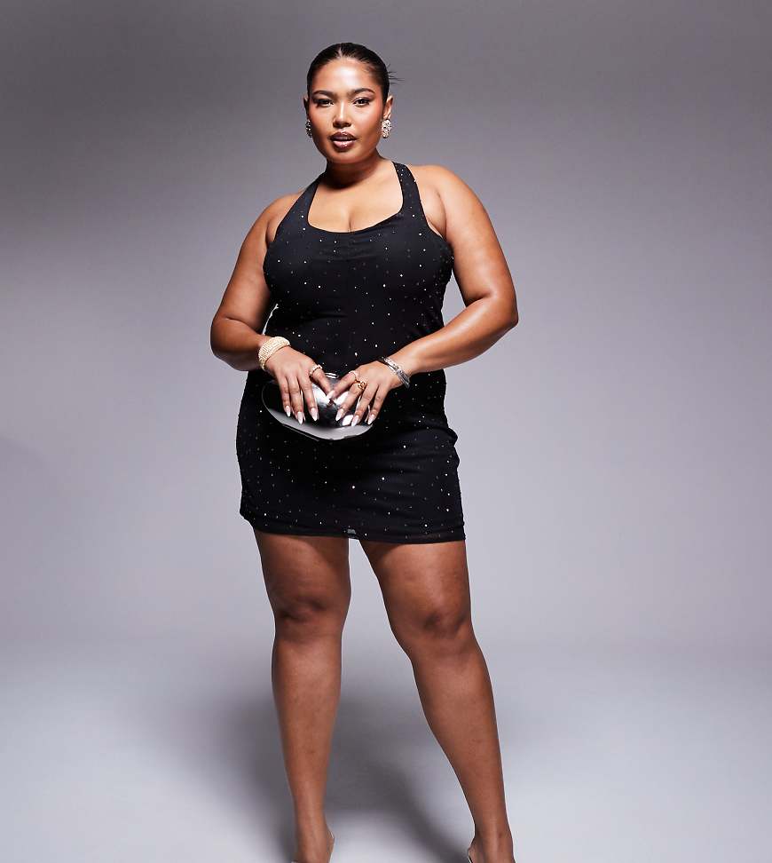 ASOS DESIGN Curve - Neckholder-Minikleid in Schwarz mit U-Ausschnitt und verstreuter Strassverzierung von ASOS Curve