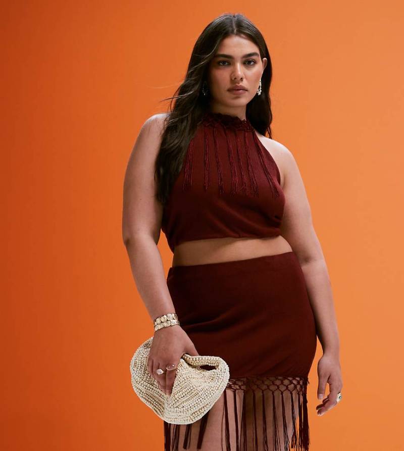 ASOS DESIGN Curve - Neckholder-Oberteil in Rosa mit Fransen, Kombiteil-Rot von ASOS Curve