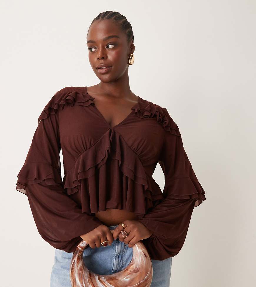 ASOS DESIGN Curve - Netzstoff-Bluse in Schokobraun mit tiefem Ausschnitt und Rüschen ASOS DESIGN Curve - Netzstoff-Bluse in Schokobraun mit tiefem Ausschnitt und Rüschen von ASOS Curve