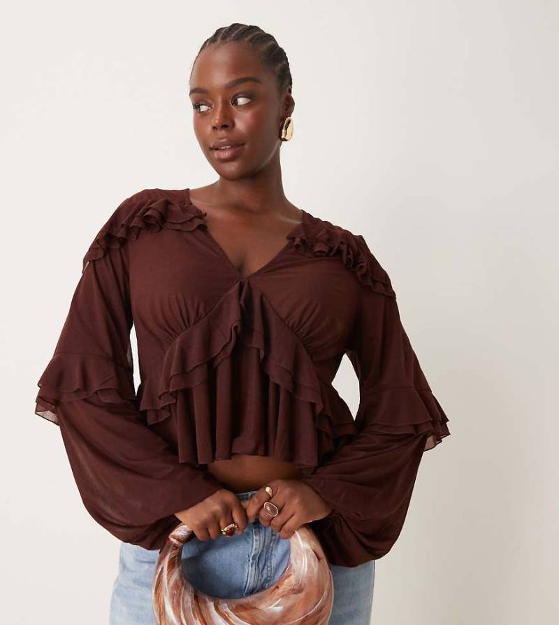 ASOS DESIGN Curve - Netzstoff-Bluse in Schokobraun mit tiefem Ausschnitt und Rüschen von ASOS Curve