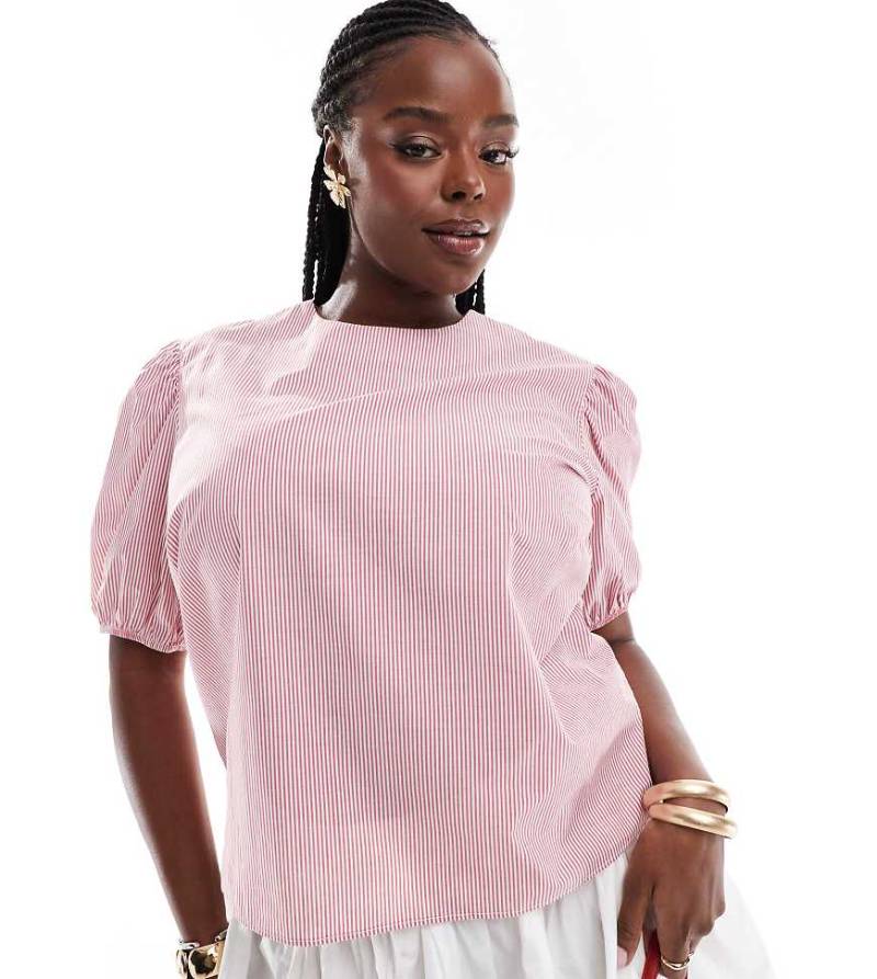 ASOS DESIGN Curve - Oberteil aus Baumwolle in Rot gestreift mit Puffärmeln-Bunt von ASOS Curve
