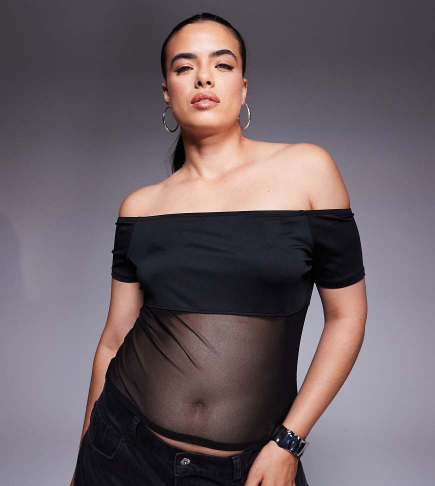 ASOS DESIGN Curve - Oberteil aus Mesh in Schwarz mit Bardot-Ausschnitt ASOS DESIGN Curve - Oberteil aus Mesh in Schwarz mit Bardot-Ausschnitt von ASOS Curve