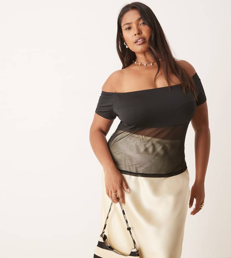 ASOS DESIGN Curve - Oberteil aus Mesh in Schwarz mit Bardot-Ausschnitt von ASOS Curve