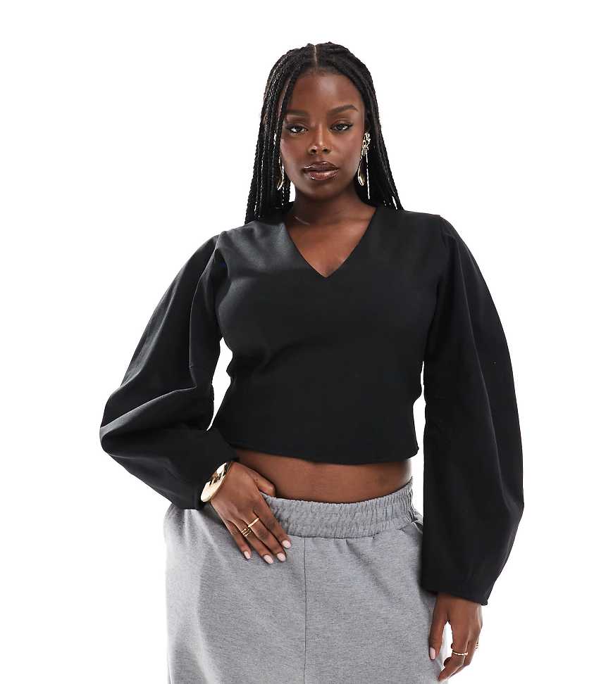 ASOS DESIGN Curve - Oberteil aus neoprenähnlichem Stoff in Schwarz mit tiefem Ausschnitt und Cocoon-Ärmeln von ASOS Curve