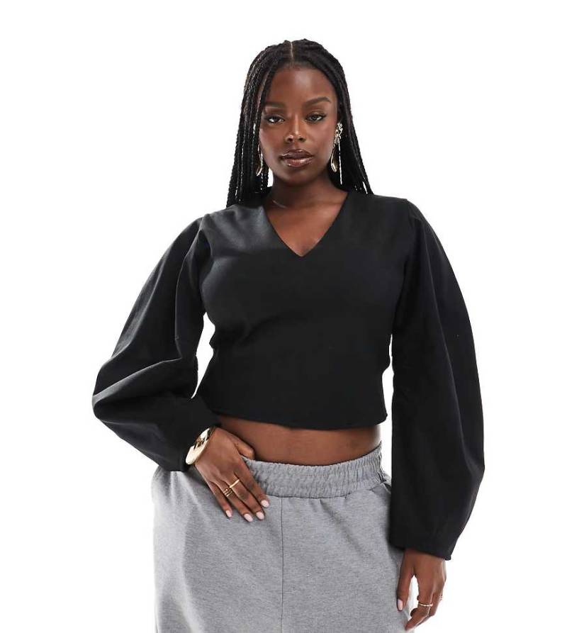 ASOS DESIGN Curve - Oberteil aus neoprenähnlichem Stoff in Schwarz mit tiefem Ausschnitt und Cocoon-Ärmeln von ASOS Curve