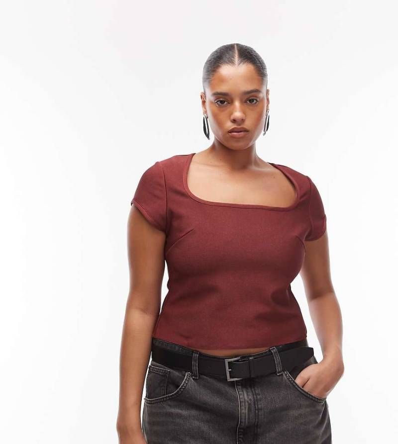 ASOS DESIGN Curve - Oberteil in Burgunderrot mit Bandagen-Design, eckigem Ausschnitt und Kappärmeln von ASOS Curve