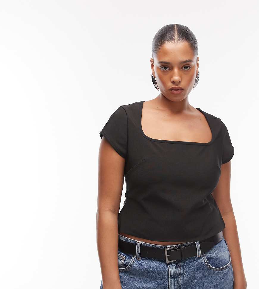 ASOS DESIGN Curve - Oberteil in Schwarz mit Bandagen-Design, eckigem Ausschnitt und Kappärmeln von ASOS Curve