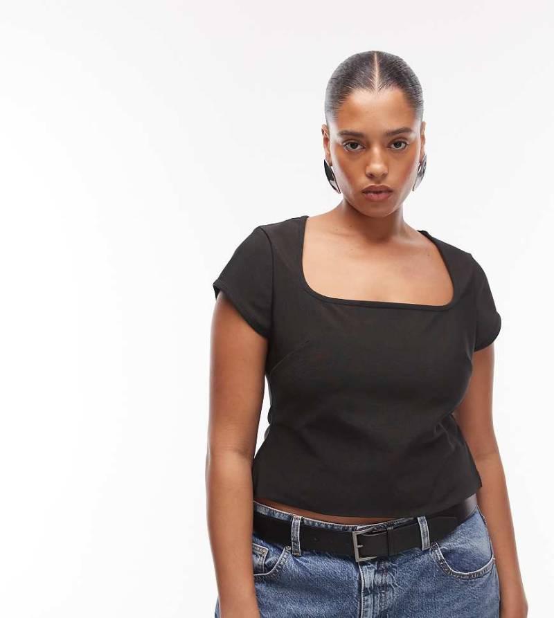 ASOS DESIGN Curve - Oberteil in Schwarz mit Bandagen-Design, eckigem Ausschnitt und Kappärmeln von ASOS Curve