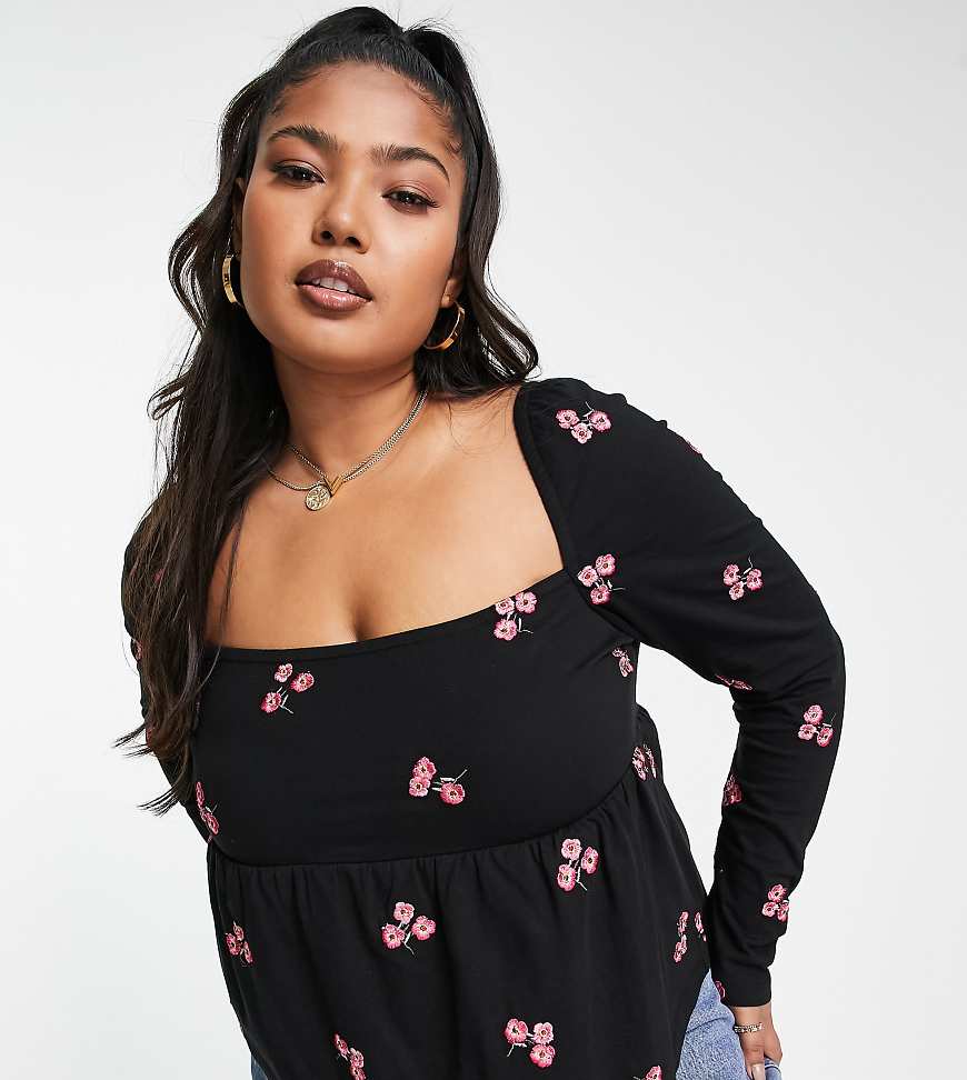 ASOS DESIGN Curve - Oberteil in Schwarz mit eckigem Ausschnitt und aufgestickten Blumen in Rot ASOS DESIGN Curve - Oberteil in Schwarz mit eckigem Ausschnitt und aufgestickten Blumen in Rot von ASOS Curve