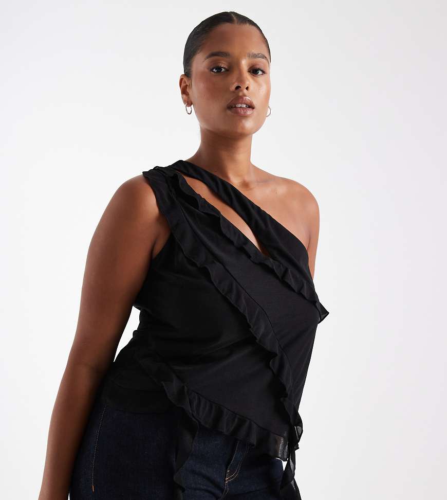 ASOS DESIGN Curve - Oberteil in Schwarz mit verdrehter Drapierung im Schulterbereich von ASOS Curve